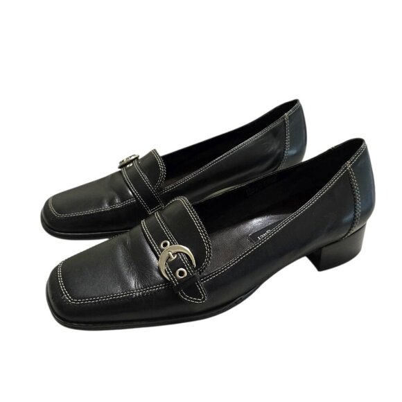 Etienne Aigner Jules Black Leather Square Toe Buckle Block Heel Loafers Sz 7.5 - Picture 1 of 9